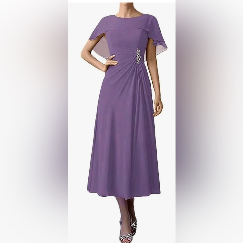 Bat Sleeve, Chiffon, Tea Length Mother of The Bride Dress